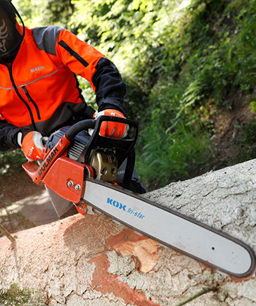 Person in orange-schwarzer Schutzkleidung sgt mit Motorsge einen gefllten Baumstamm.