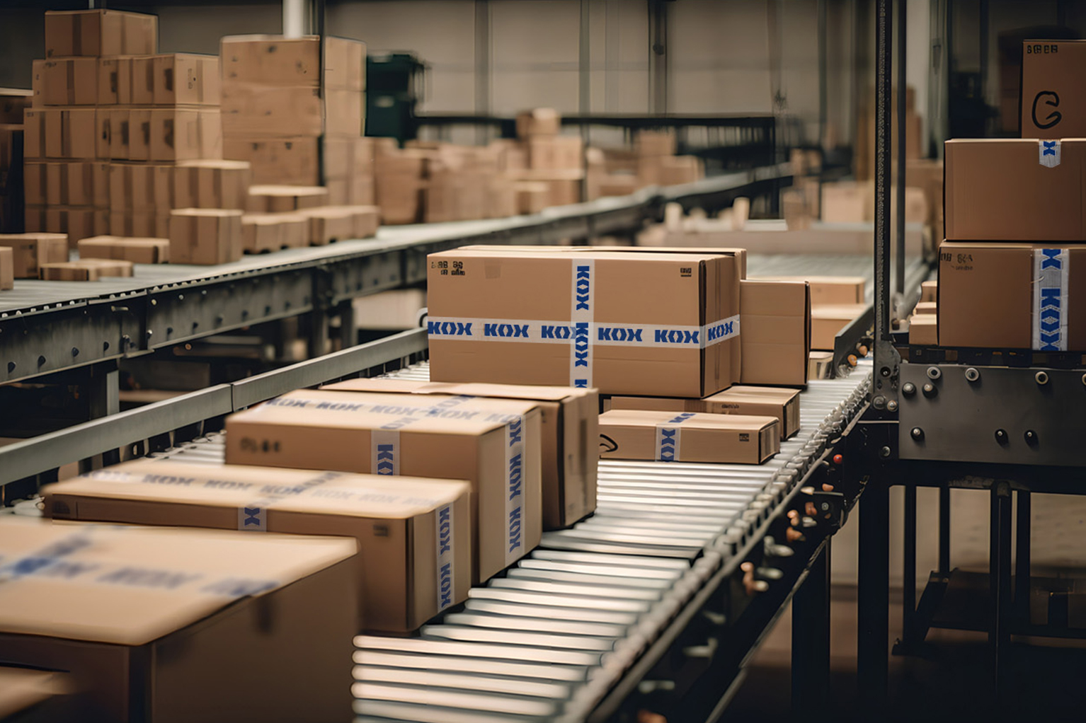 Mehrere Kartons mit KOX-Klebeband laufen in einem Lager �ber F�rderb�nder, im Hintergrund stehen weitere gestapelte Pakete.