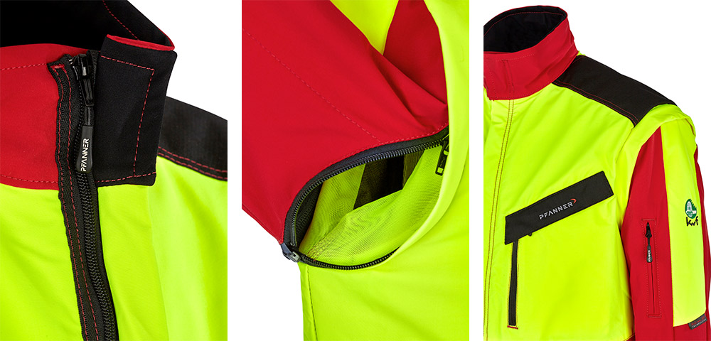 Detailansichten einer gelb-roten Forstjacke mit Rei�verschluss, Bel�ftungs�ffnung und Brusttasche.